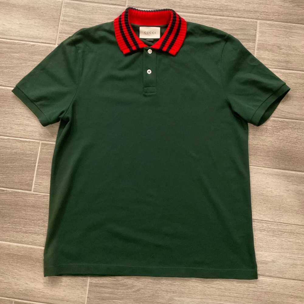AUTHENTIC GUCCI GREEN COTTON PIQUE & RIB KNIT TRIMMED POLO T-SHIRT SZXXL FITS L